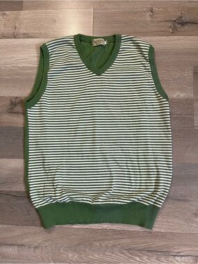 Vtg 80s 90s Differ Striped Knit Sweater Vest Green White V-Neck Pullover Size M